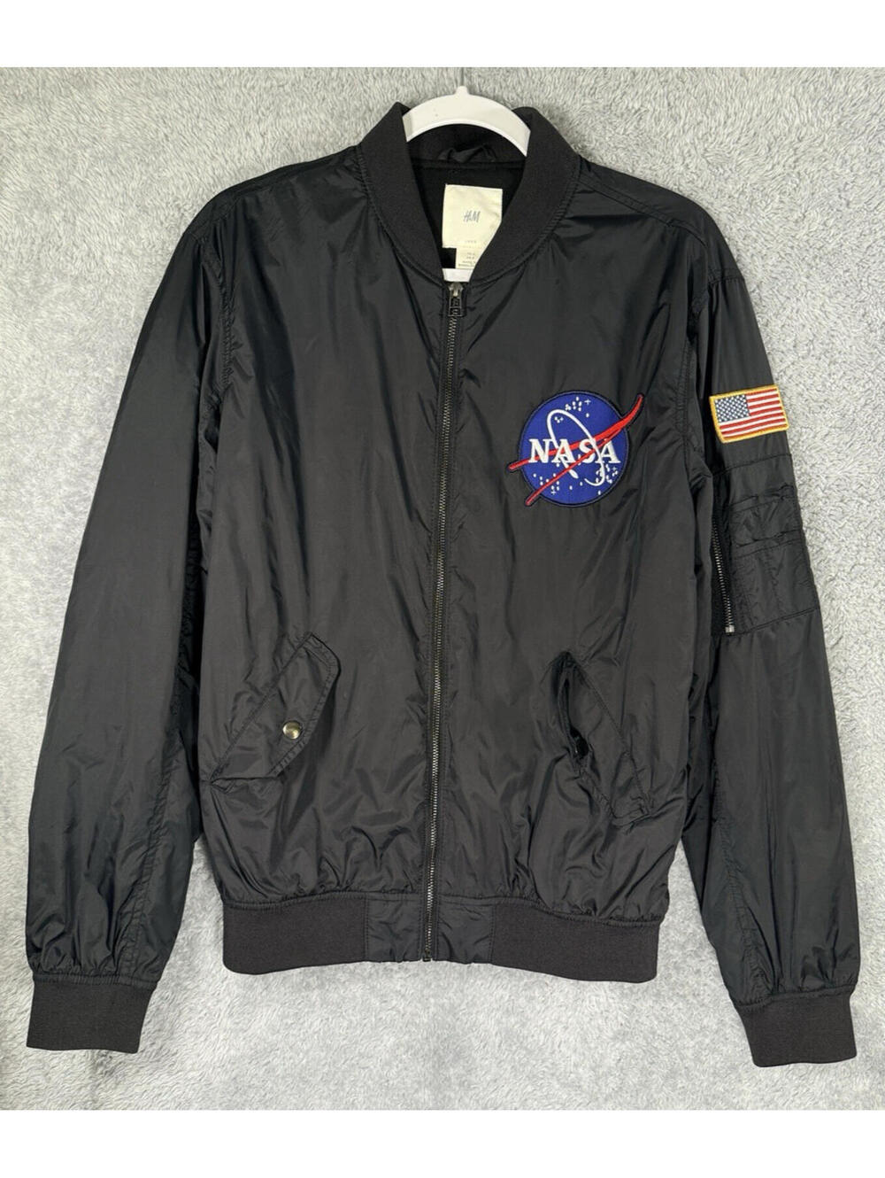 H&M NASA Bomber Jacket Mens Small Black Flight US Flag Patch Space Patch Size S